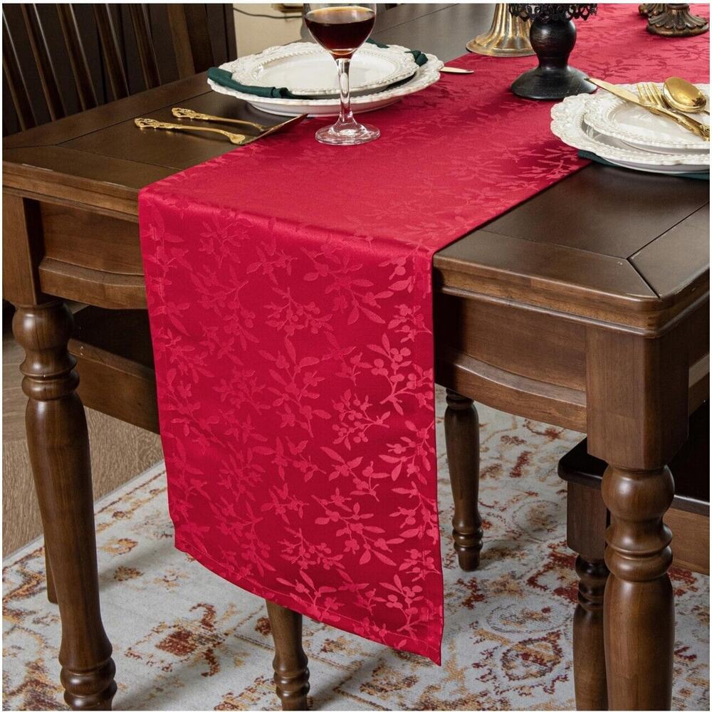 Brocade Red Fabric Rectangle Table Runner Linen 14" x 72" Poinsettia Christmas